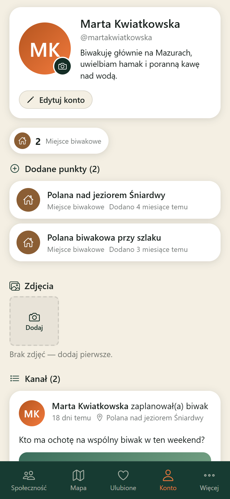 Profil użytkownika w aplikacji BIWO ze statystykami dodanych punktów i biwaków