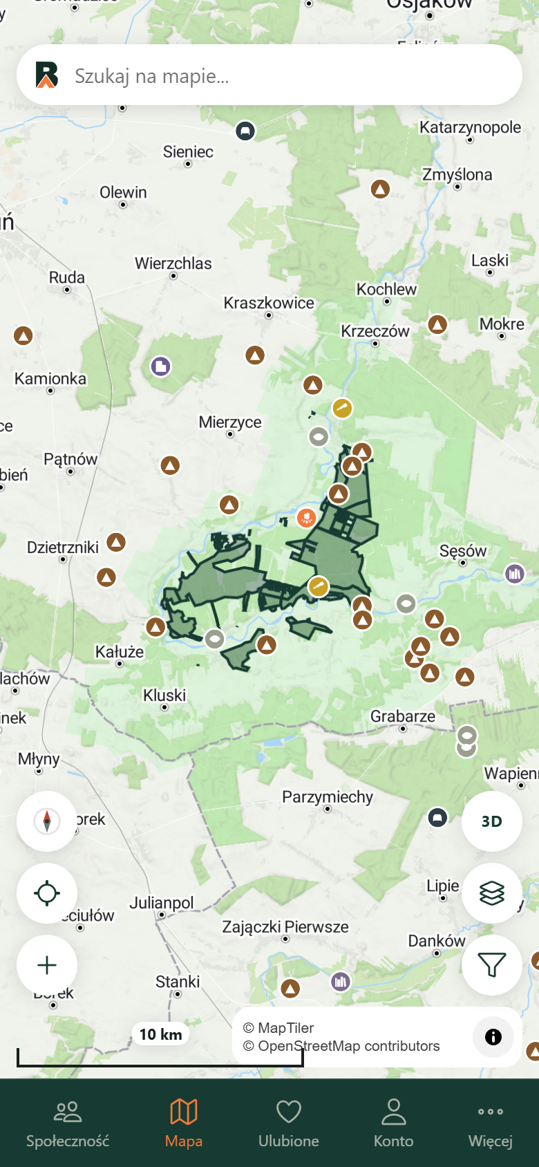 Interaktywna mapa aplikacji BIWO z legalnymi miejscami na biwak i granicami nadleśnictw w całej Polsce