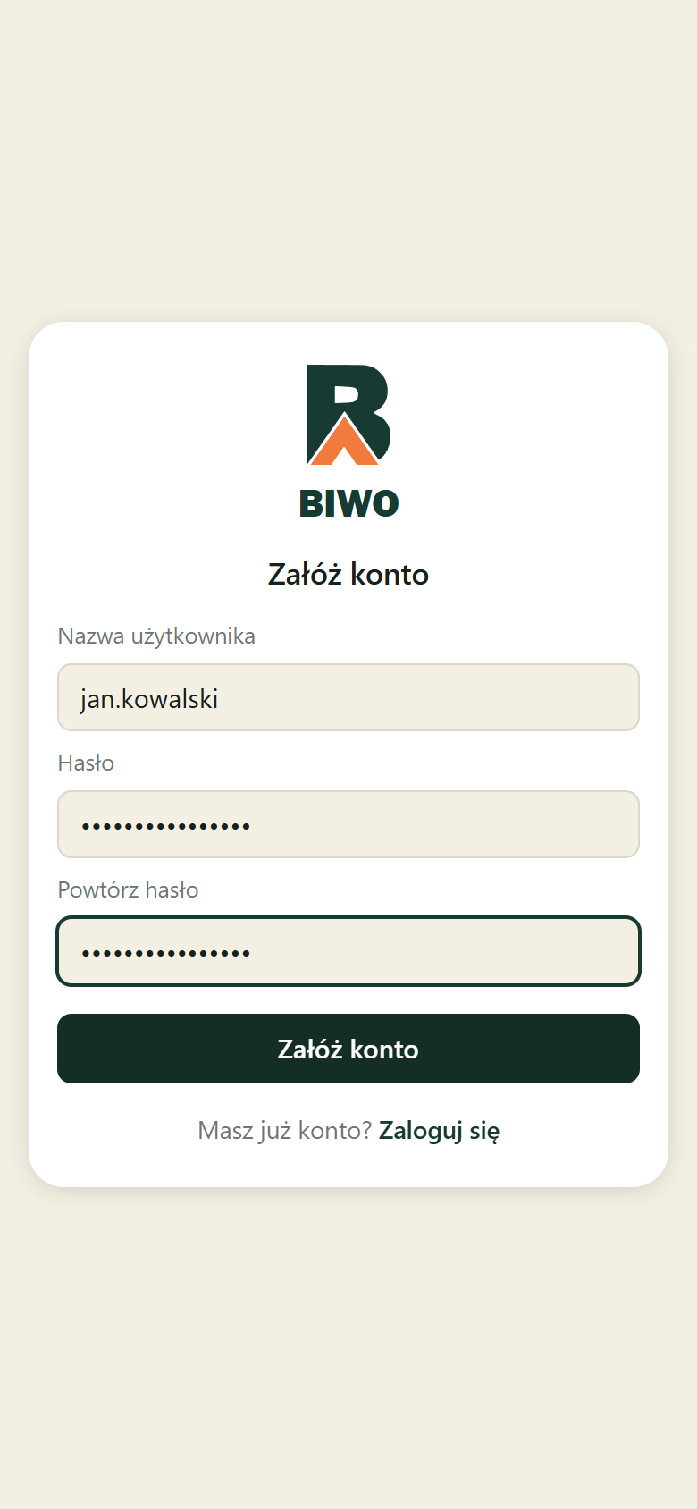 Ekran zakładania konta w aplikacji BIWO