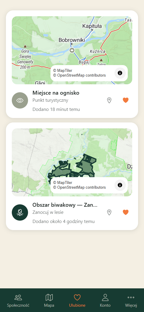 Ekran Ulubione w aplikacji BIWO z zapisanymi miejscami na biwak i nadleśnictwami